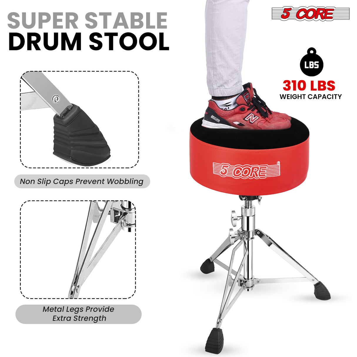 5 Core Drum Throne 5" Padded Guitar Stool Adjustable 310lbs Capacity Heavy Duty Seat w Velvet Top