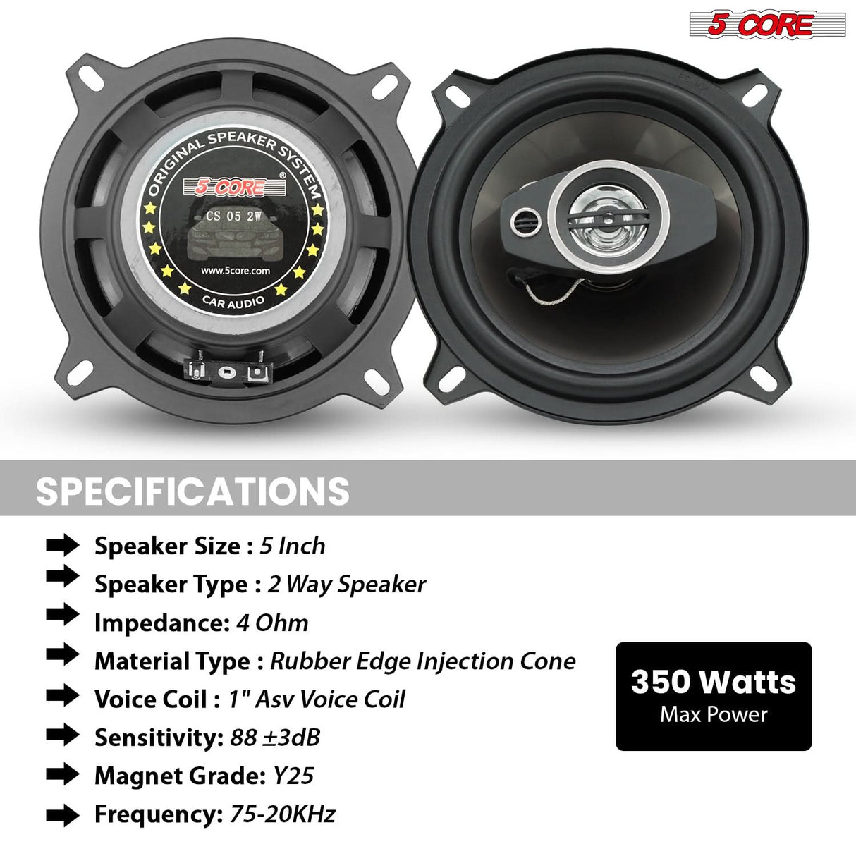 5Core Coaxial Car Door Speakers 5” 4Pcs 350W 4Ohm 2 Way Component Subwoofer Audio w Super Tweeter