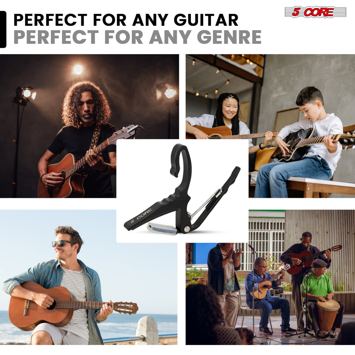 5Core Capo Aluminum Universal Guitar String Clip w Metal Spring + 6Pcs Guitar Picks + Carry Bag