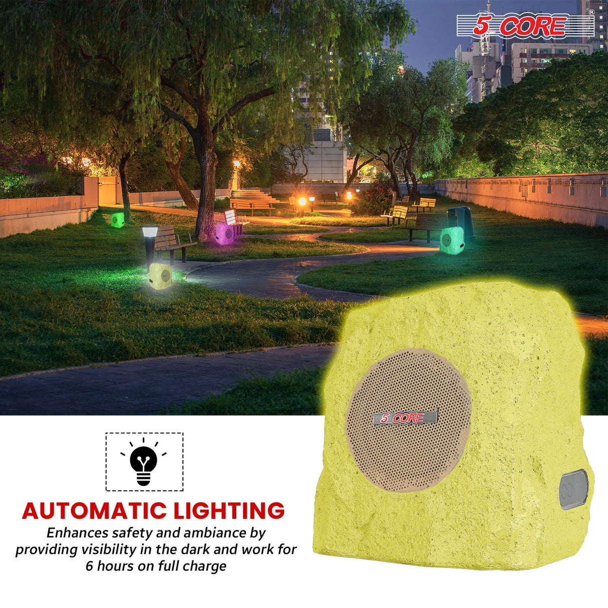 5 Core Rock Speaker Outdoor Waterproof Bluetooth Garden Speakers Solar & USB Charging RGB Colors for Patio Pool & Home
