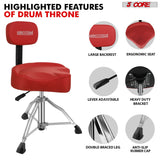 5Core Drum Throne 4" Cushion Padded Stool w Backrest Airlift Height Adjustable Chair w 441Lb Capcity