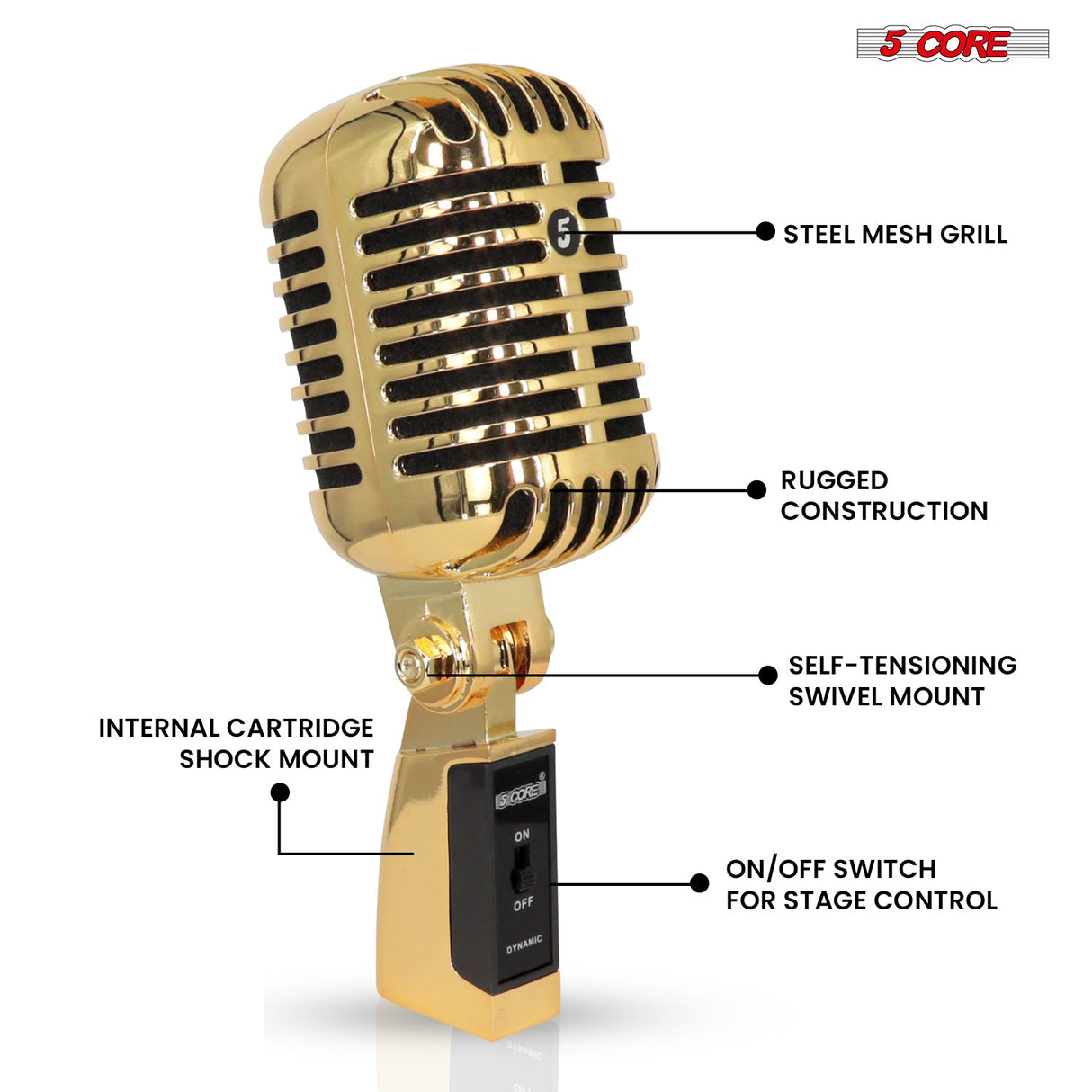 5Core Vintage Microphone Classic Dynamic Professional XLR Studio Retro Style Mic Gold