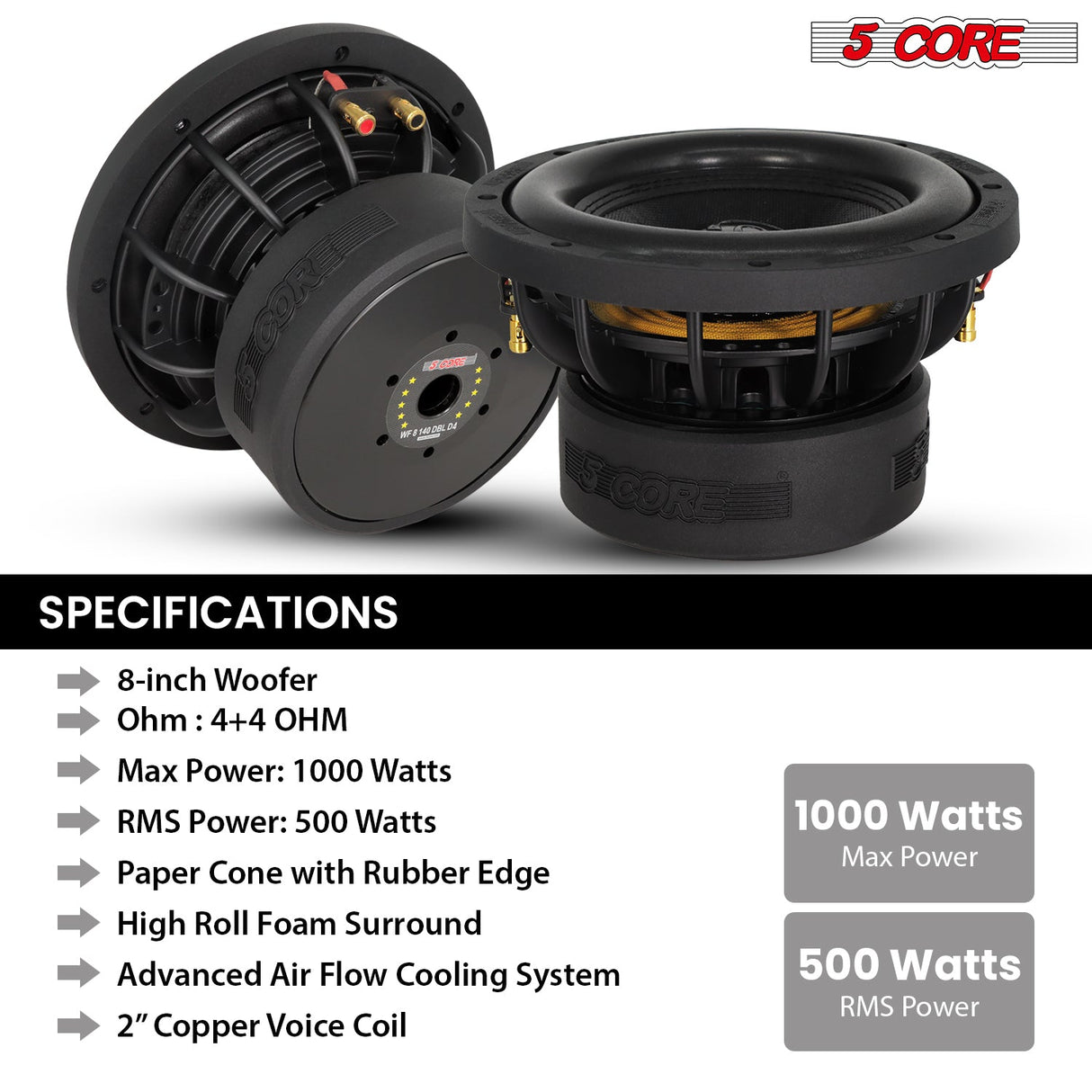 5Core 8 Inch Car Subwoofer Dual 4Ohm 1000W Component Sub Woofer Driver Aluminum Frame 8” Woofers