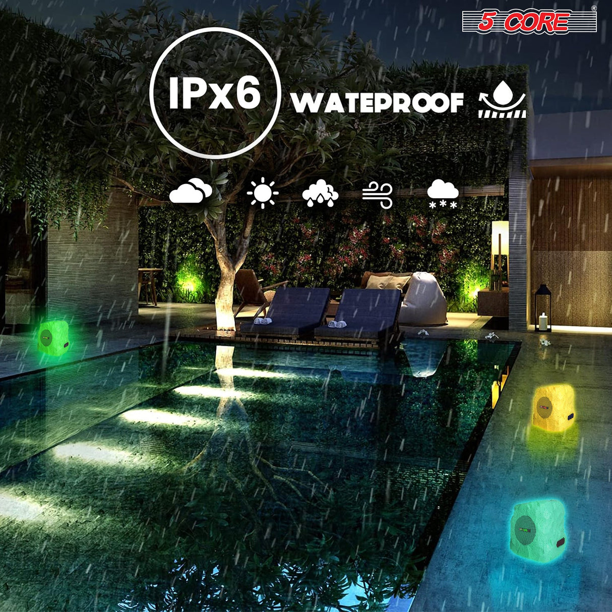 5 Core Rock Speaker Outdoor Waterproof Bluetooth Garden Speakers Solar & USB Charging RGB Colors for Patio Pool & Home