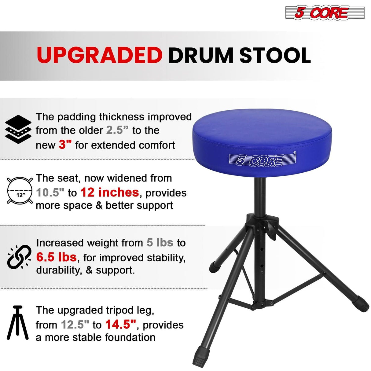 5 Core Drum Throne 3" Thick Padded Memory Foam Comfortable Drummer Stool 330Lb Capacity Adjustable
