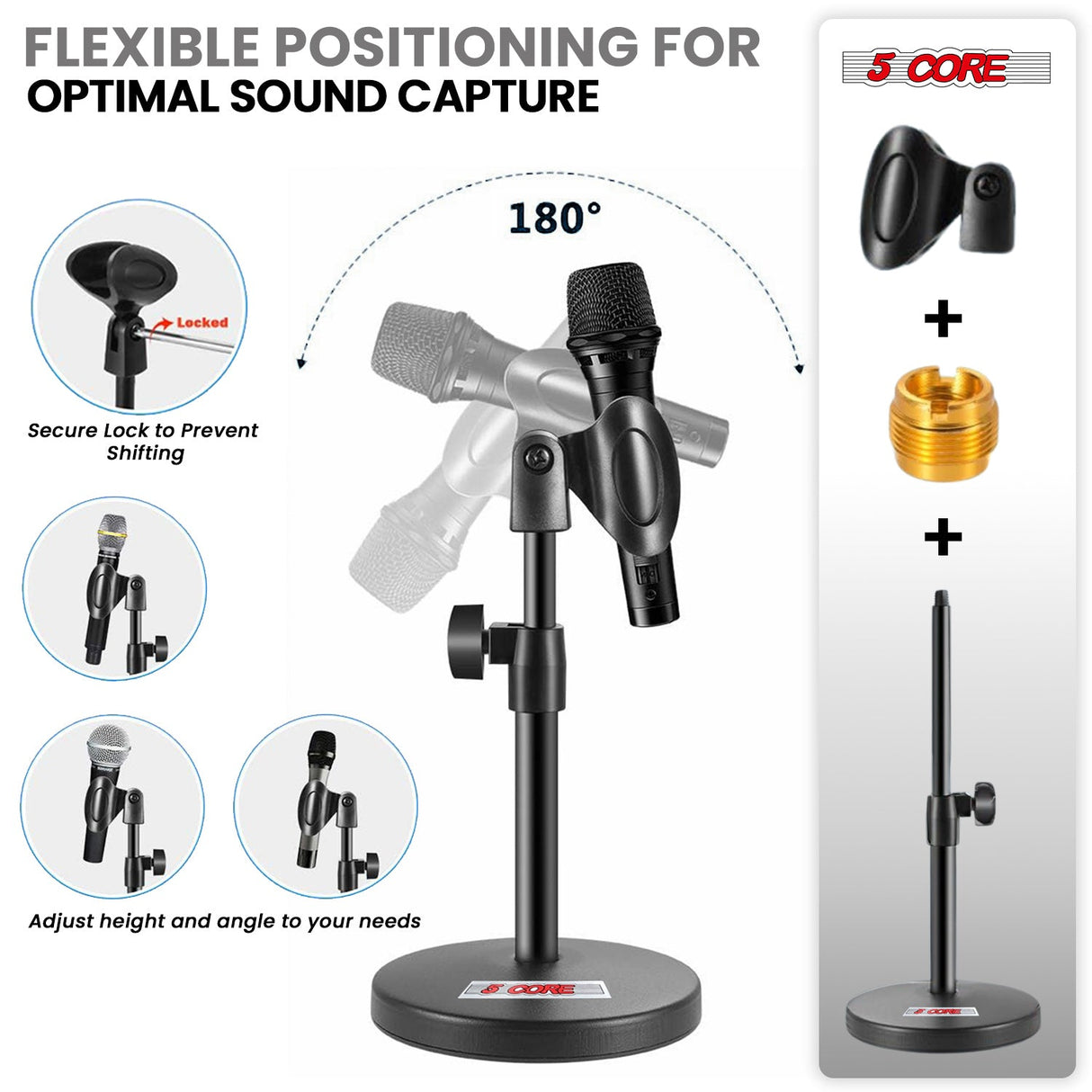 5Core 3n1 Mic Stand Desk Adjustable Table Microphone Stands w Phone Holder Mic Clip