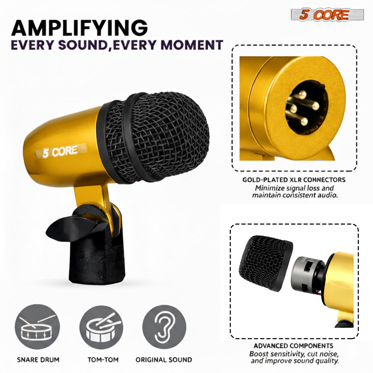 5 Core Conga Mic Snare Tom Set Professional XLR Cardioid Condenser Instrument Microphone Kit