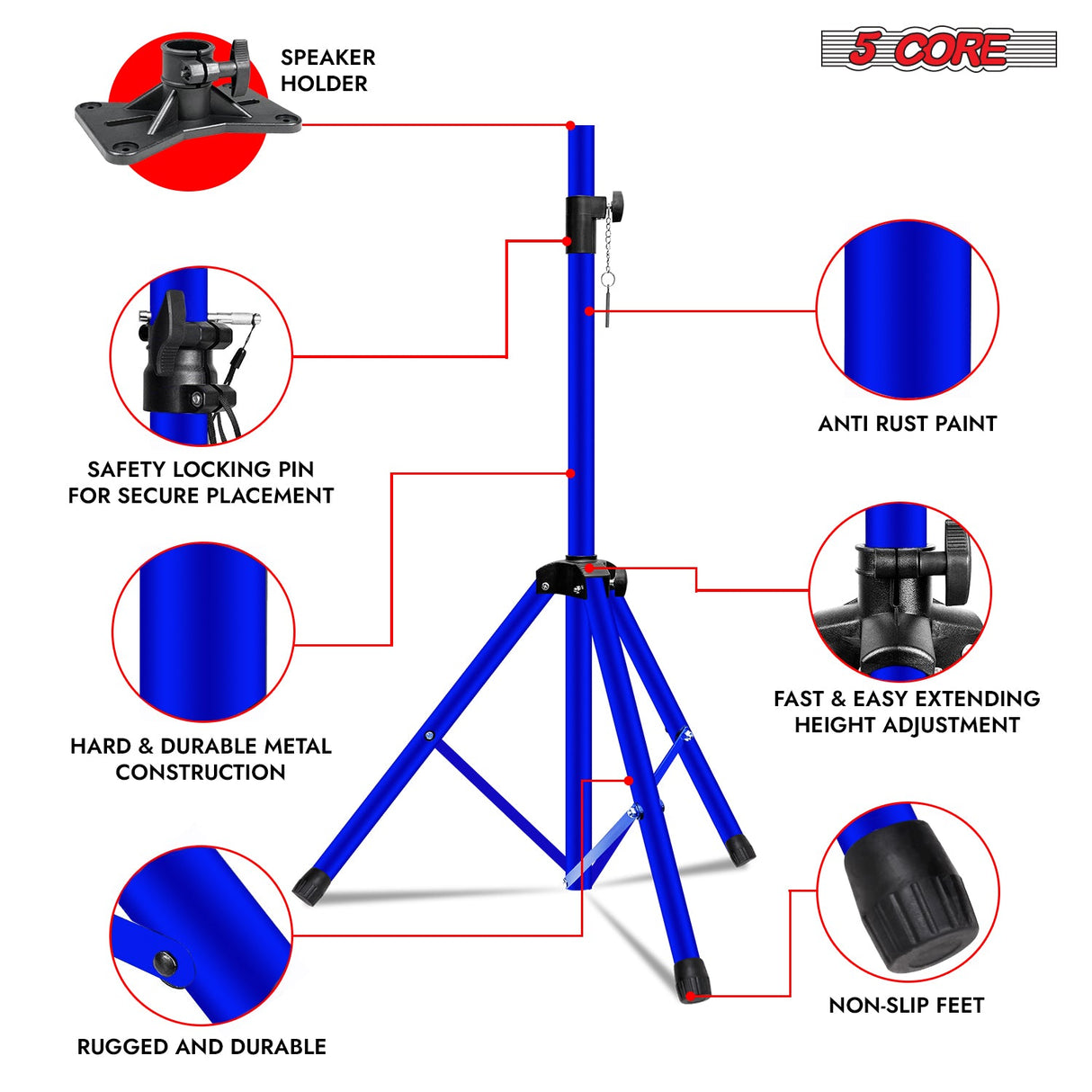 5Core Speaker Stand Tripod Tall Adjustable 72 Inch DJ Pole Mount Studio Monitor Stands BLUE 1 PK