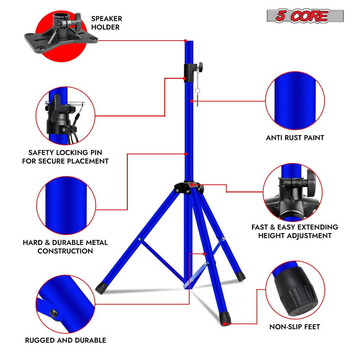 5Core Speaker Stands Adjustable PA DJ Tripod Heavy Duty w 35mm Mount Insert