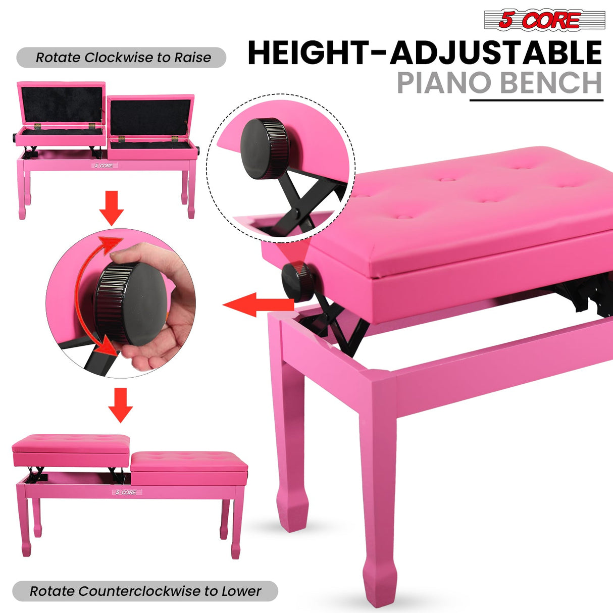 5 Core Duet Piano Bench 3.5 Inch Padded Cushioned Stool Wooden Heavy Duty Musician Chair w Storage