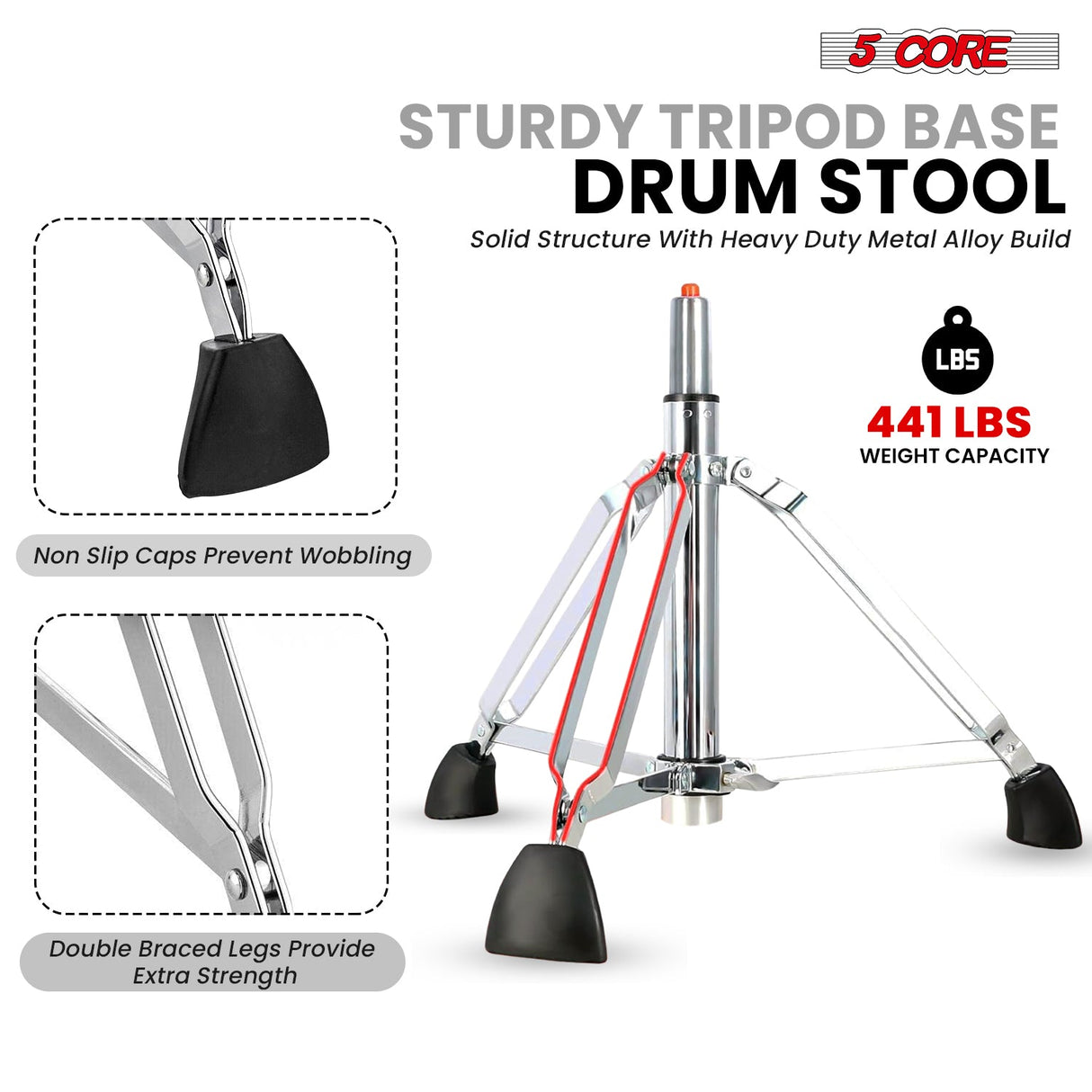 5 Core Drum Throne w Backrest 4" Padded Stool Airlift 25" Adjustable Drummer Stool 441Lb Capacity