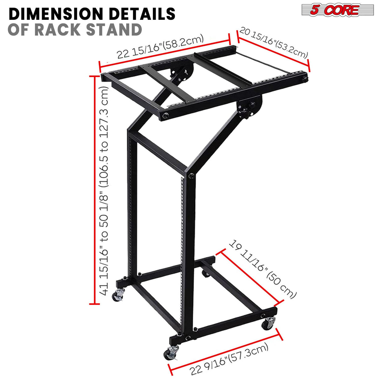 5Core DJ Mixer Stand 12U Adjustable Rack Mount Rolling Stage Cart Pro Audio Studio Equipment w Wheel