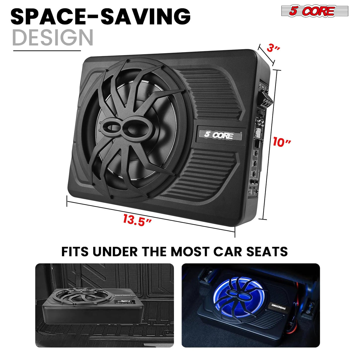5Core 10 inch Slim Under Seat Car Audio Subwoofer 800W Built in Amplifier Sub Woofer LED Light