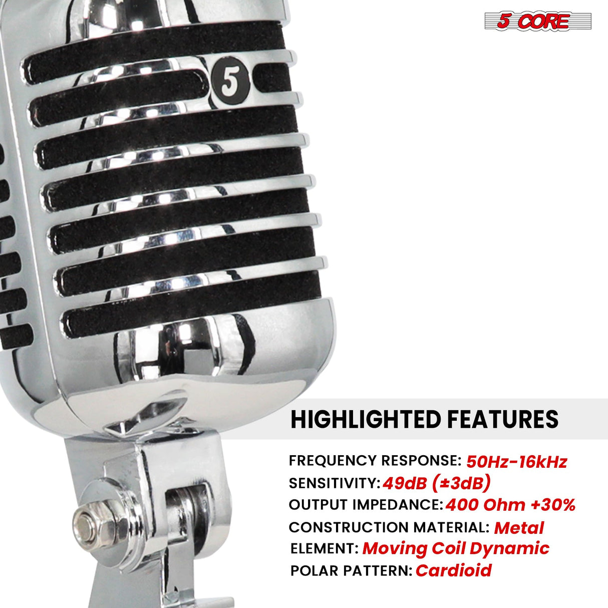 5Core Vintage Microphone Classic Dynamic Professional XLR Studio Retro Style Mic BLACK