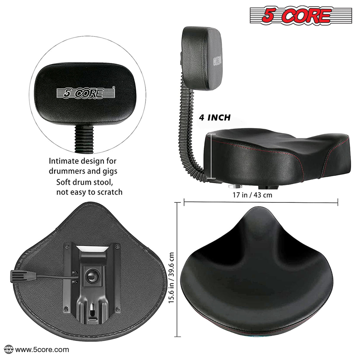 5Core Drum Throne 4" Cushion Padded Stool w Backrest Airlift Height Adjustable Chair w 441Lb Capcity