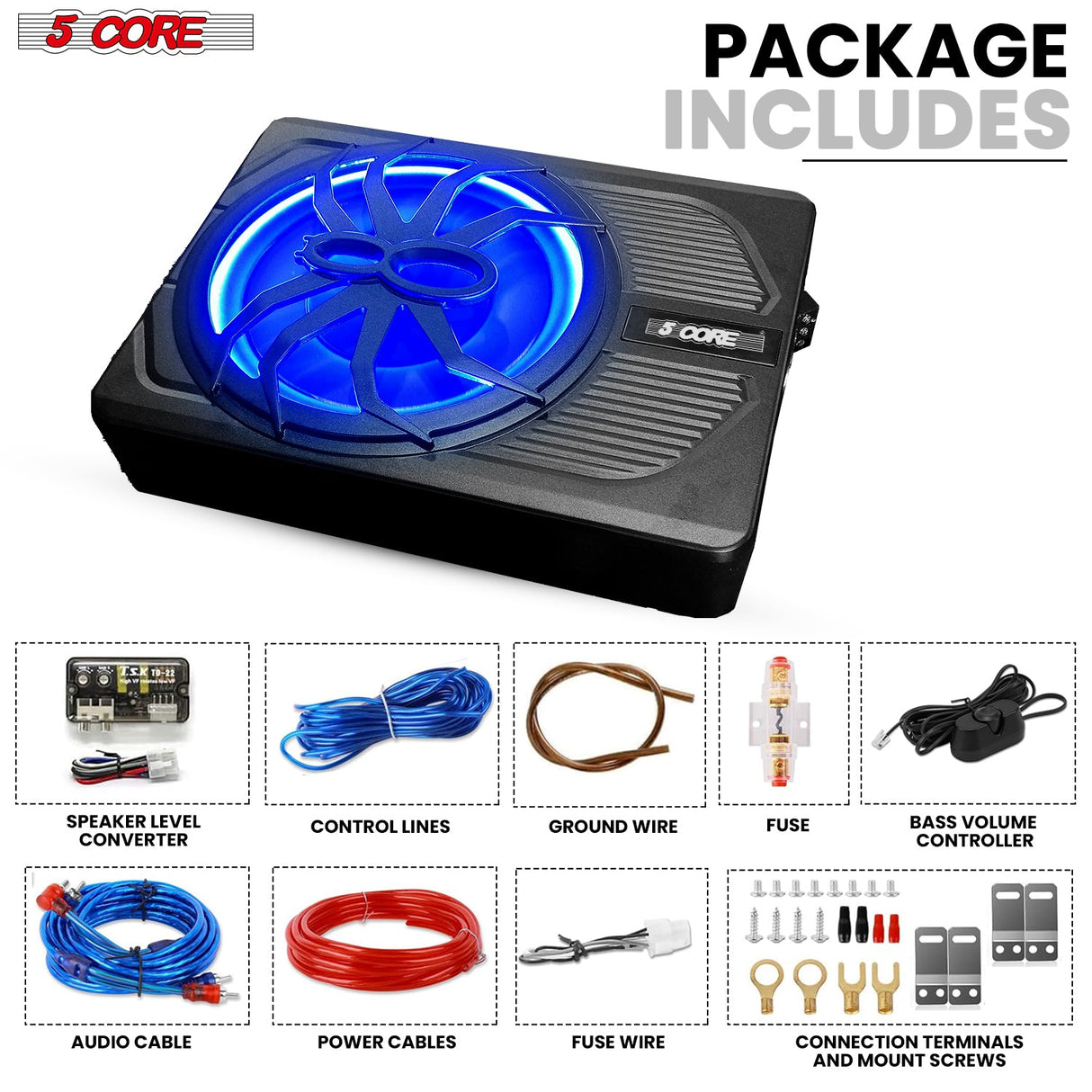 5Core 10 inch Slim Under Seat Car Audio Subwoofer 800W Built in Amplifier Sub Woofer LED Light