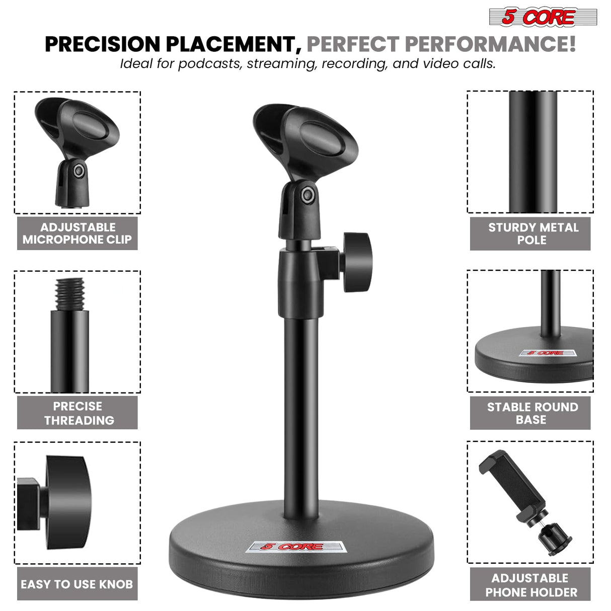 5Core 3n1 Mic Stand Desk Adjustable Table Microphone Stands w Phone Holder Mic Clip