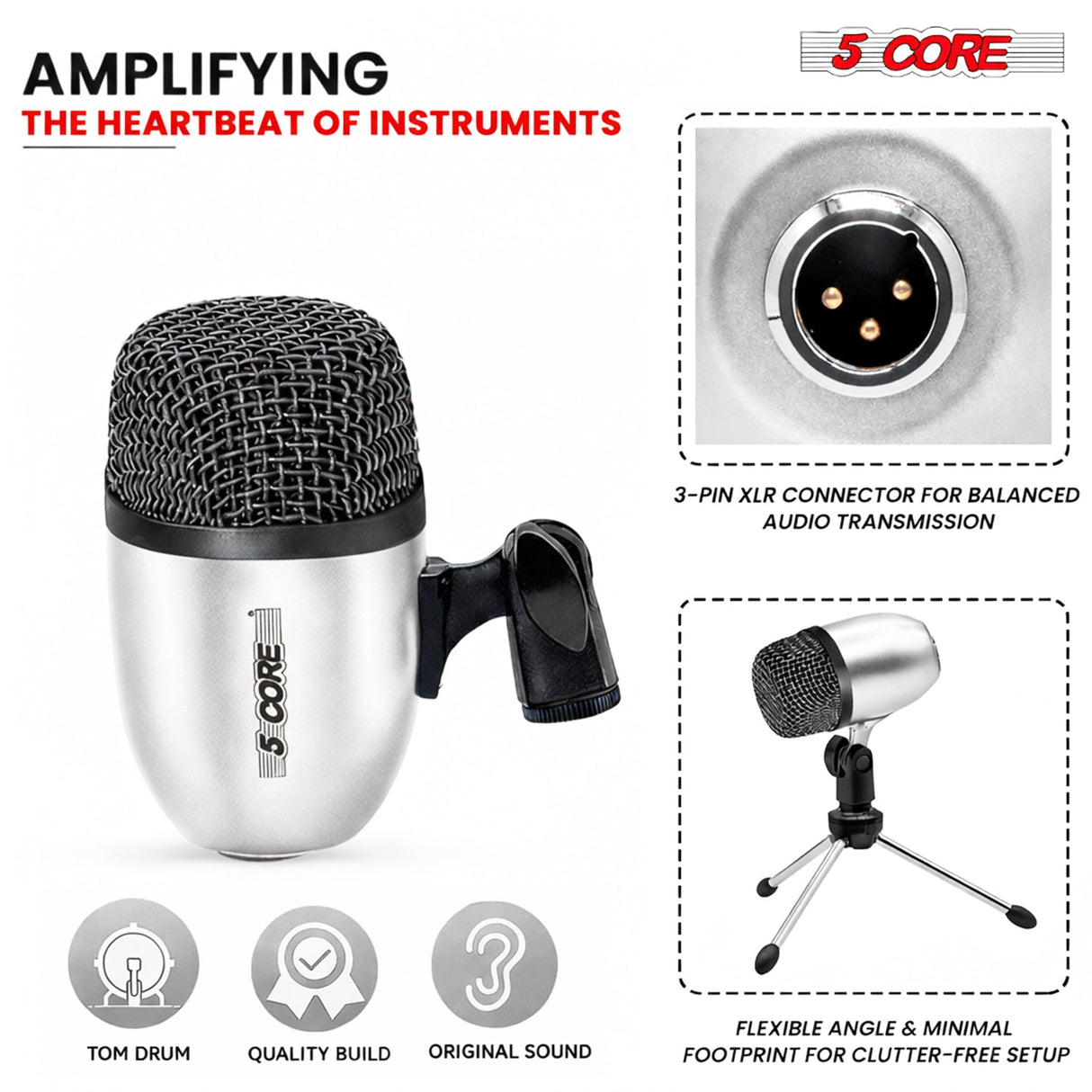 5 Core Conga Mic Snare Tom Set Professional XLR Cardioid Condenser Instrument Microphone Kit