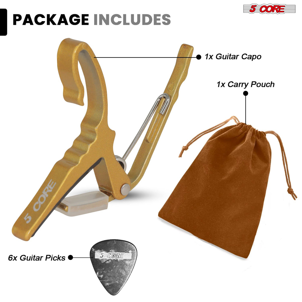 5Core Capo Aluminum Universal Guitar String Clip w Metal Spring + 6Pcs Guitar Picks + Carry Bag