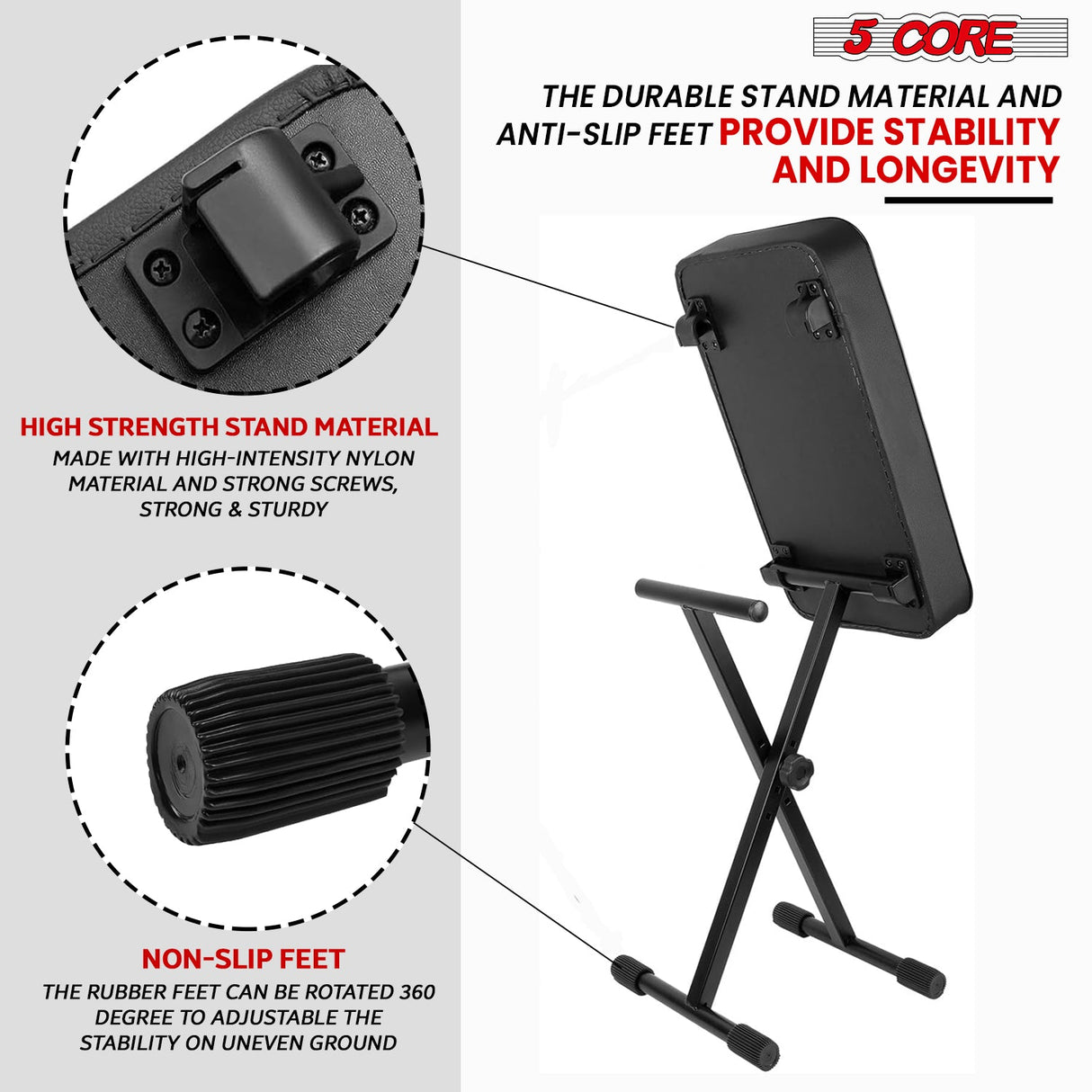 5Core Keyboard Stand Adjustable z Style Piano Riser BLACK + Keyboard Piano Bench BLACK