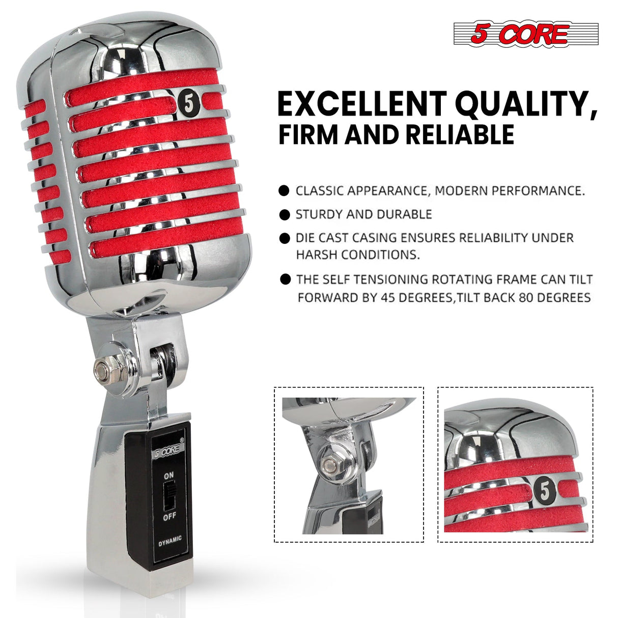 5Core Vintage Microphone Classic Dynamic Professional XLR Studio Retro Style Mic RED