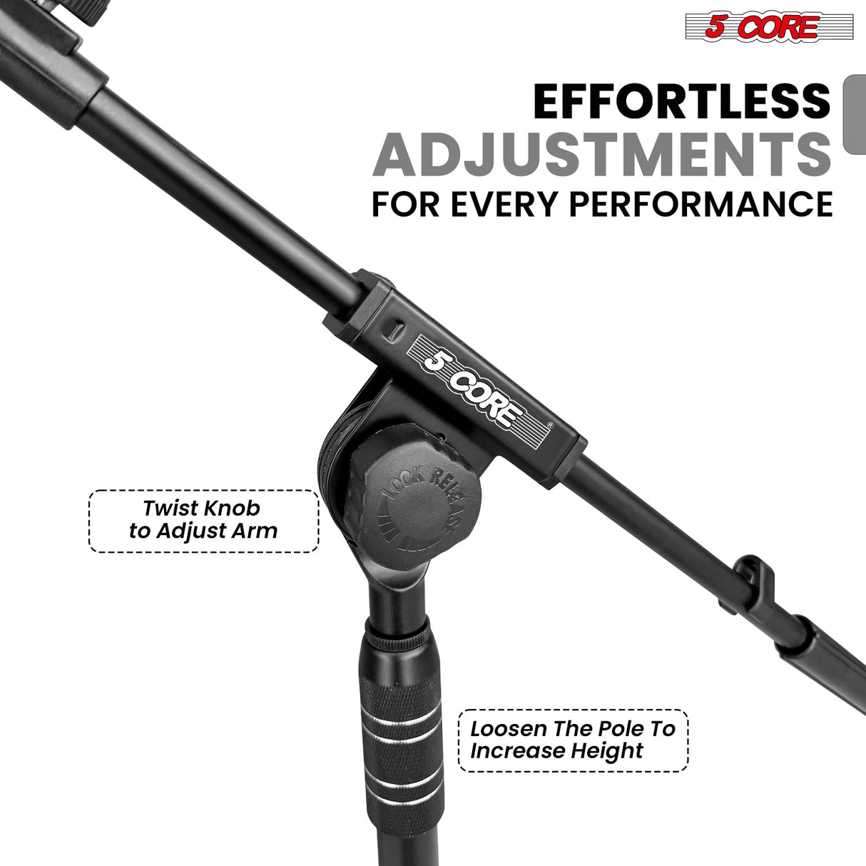 5 Core Microphone Stand Floor Height Adjustable w Extending Telescoping Boom Arm