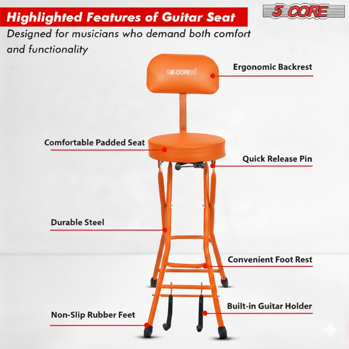 5Core Guitar Stool 3.15" Padded Chair w Backrest Foldable Music Seat Built in Foot Rest Guitar Stand