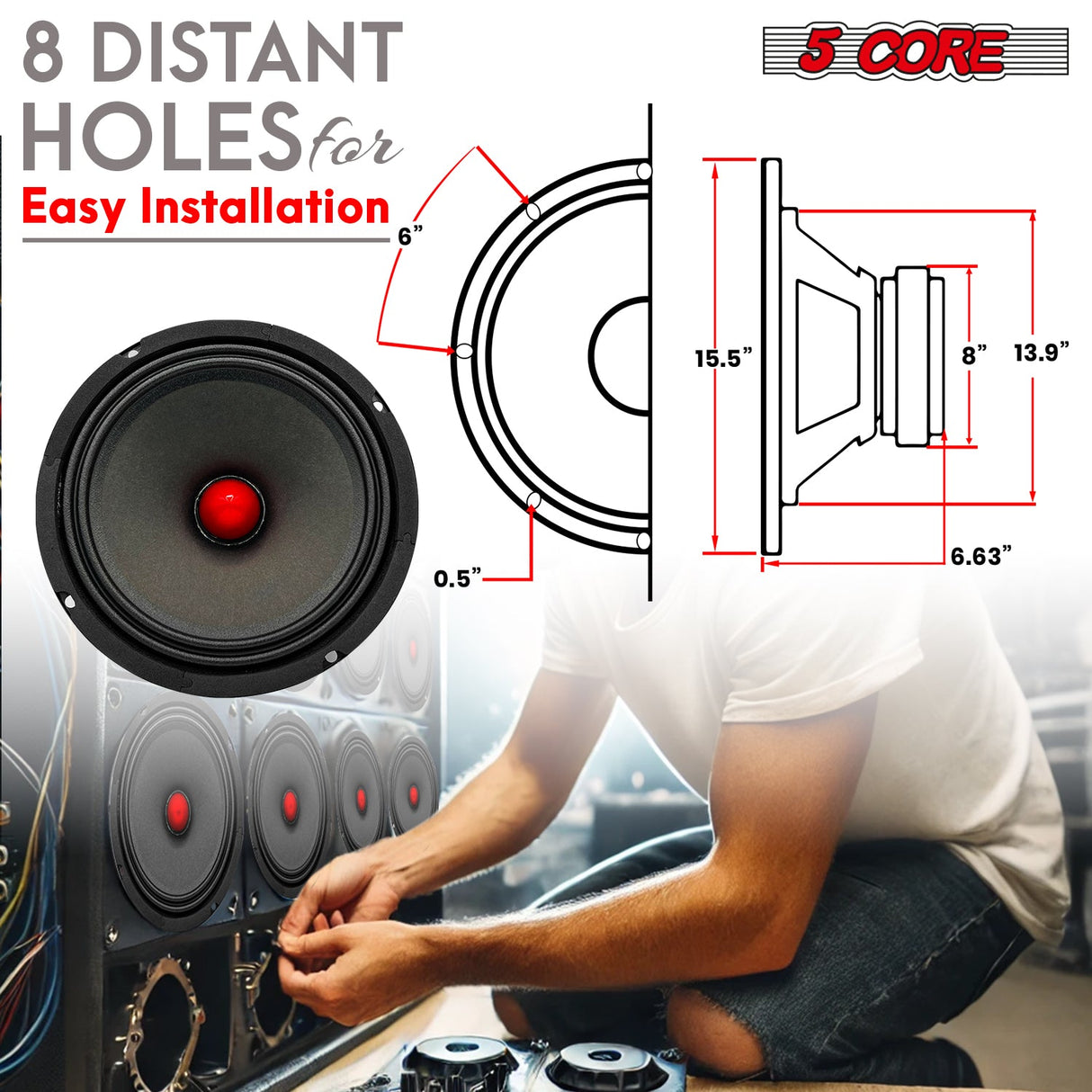 5Core 8 Inch Midrange Door Speaker 500W Subwoofer w Aluminum Bullet 8Ω Sub Woofer 1 PC