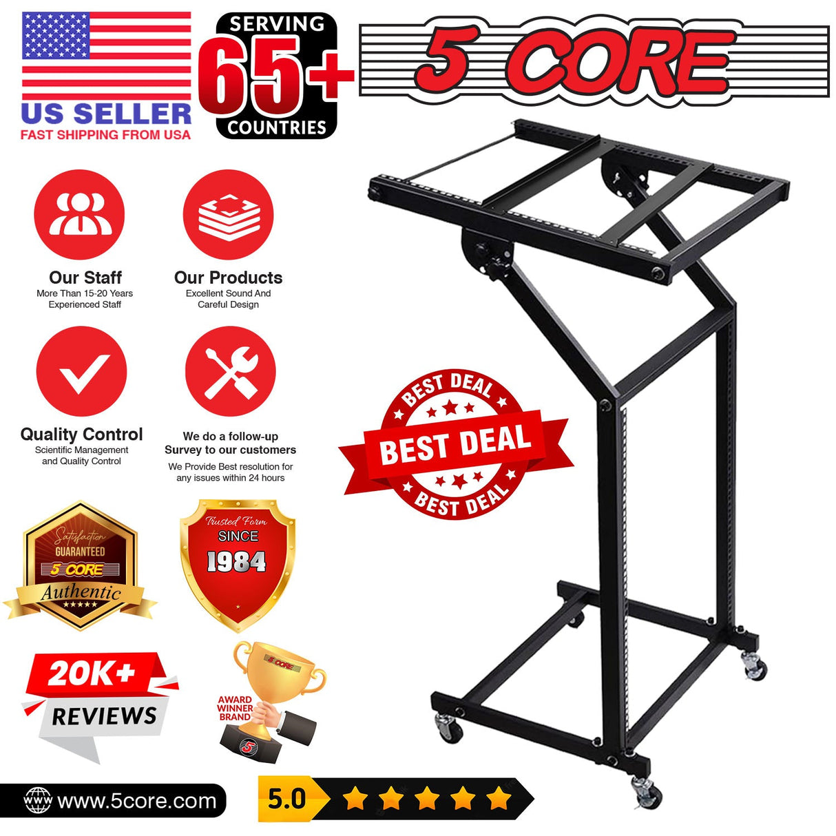 5Core DJ Mixer Stand 12U Adjustable Rack Mount Rolling Stage Cart Pro Audio Studio Equipment w Wheel