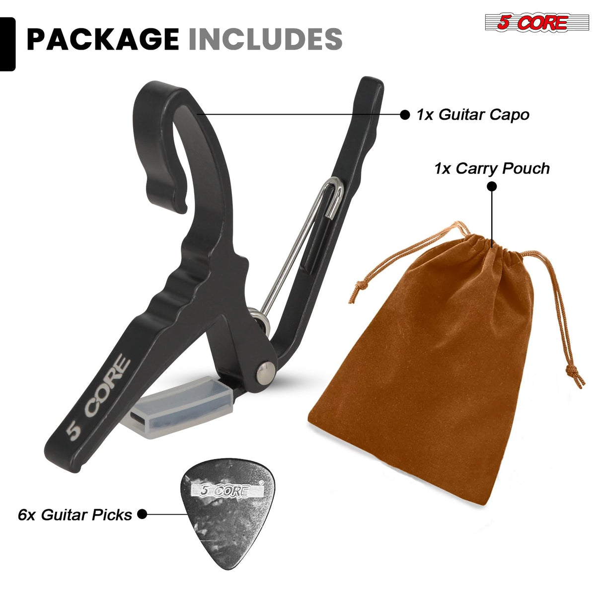 5Core Capo Aluminum Universal Guitar String Clip w Metal Spring + 6Pcs Guitar Picks + Carry Bag