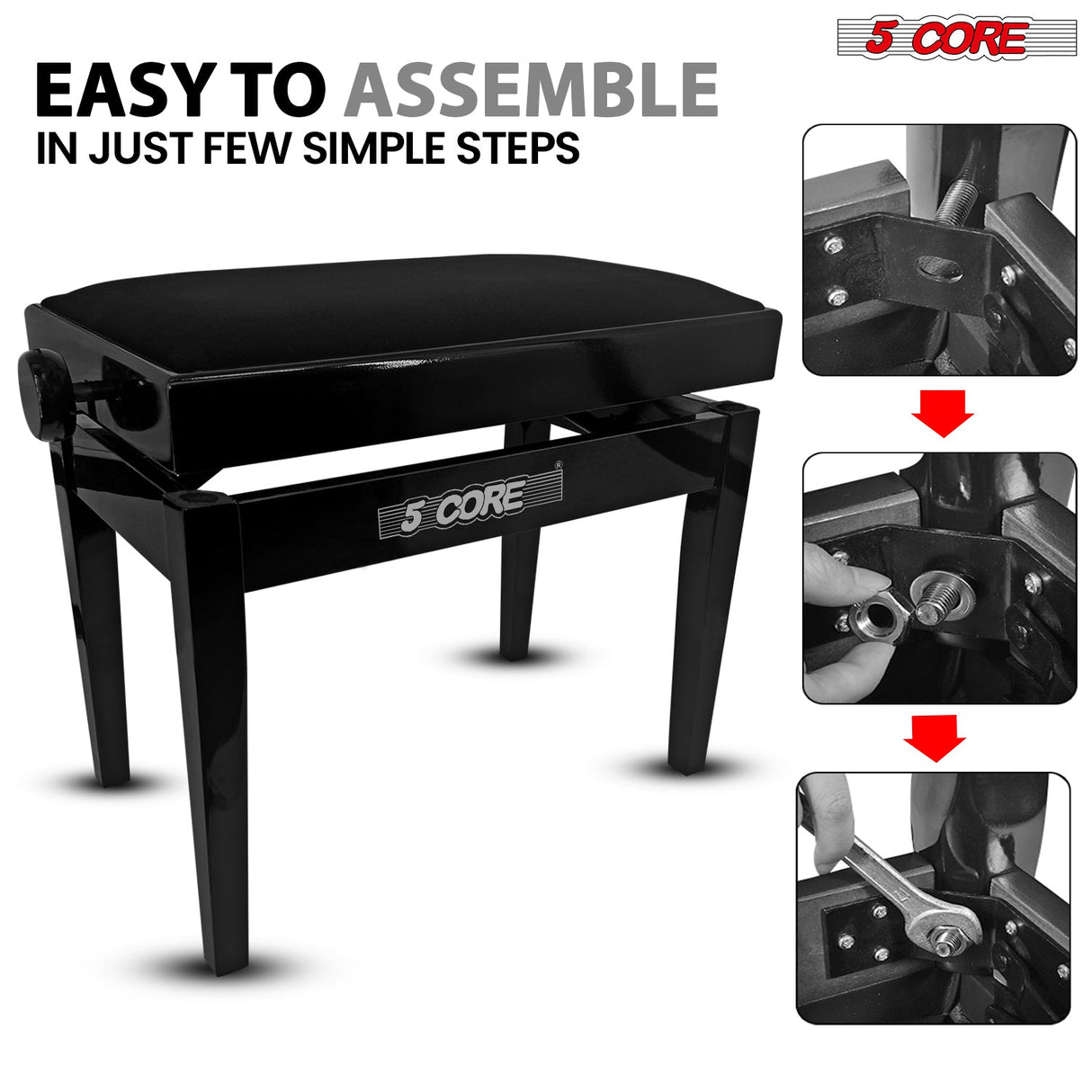 5 Core Adjustable Piano Bench Thick 3.25" Solid Wood Keyboard Stool Heavy Duty Musician Chair