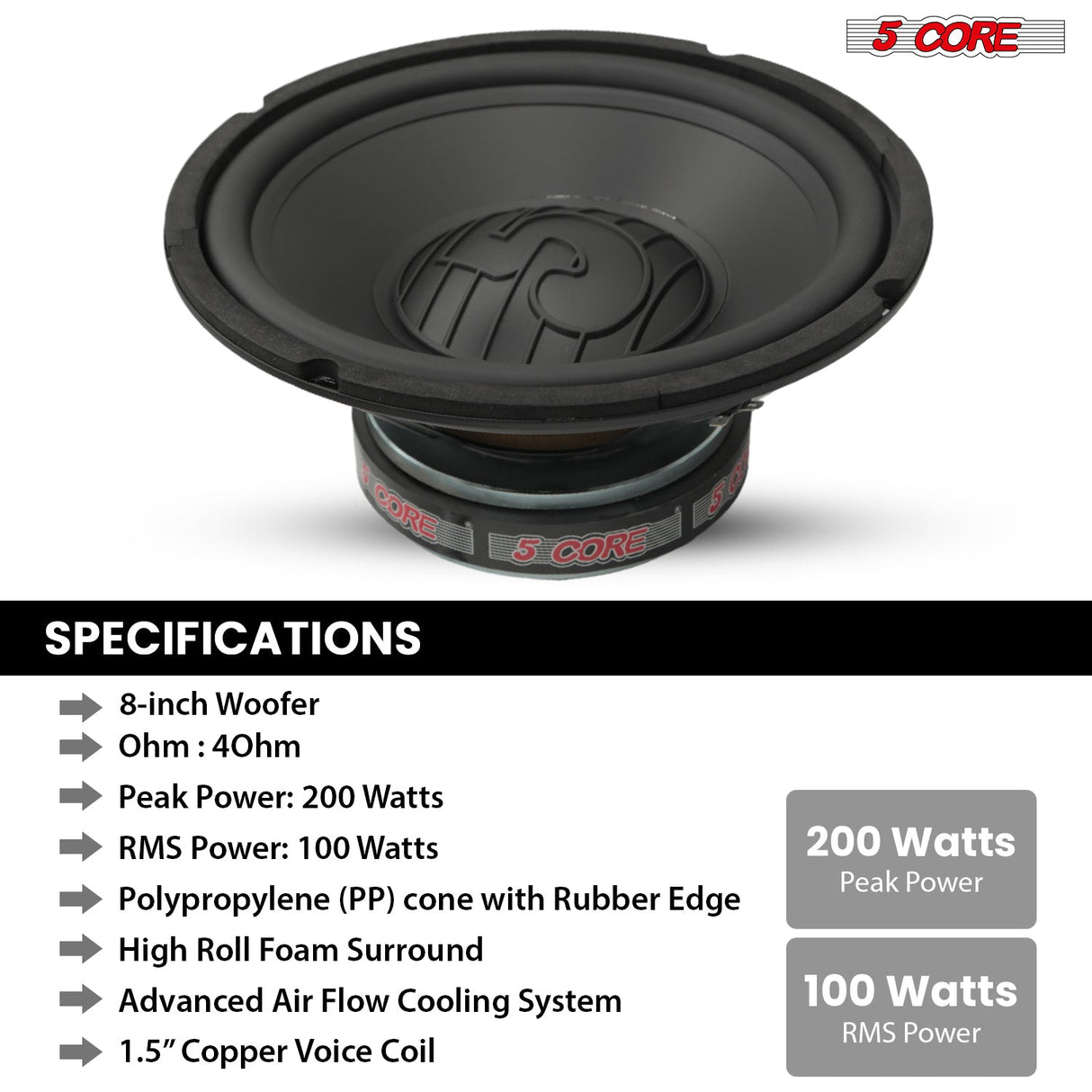 5 Core 8 Inch Subwoofer Pair 200W Car Audio Woofer 4 Ohm Replacement Deep Bass Loud Speaker