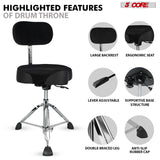 5 Core Drum Throne w Backrest 4" Padded Stool Airlift 25" Adjustable Drummer Stool 441Lb Capacity