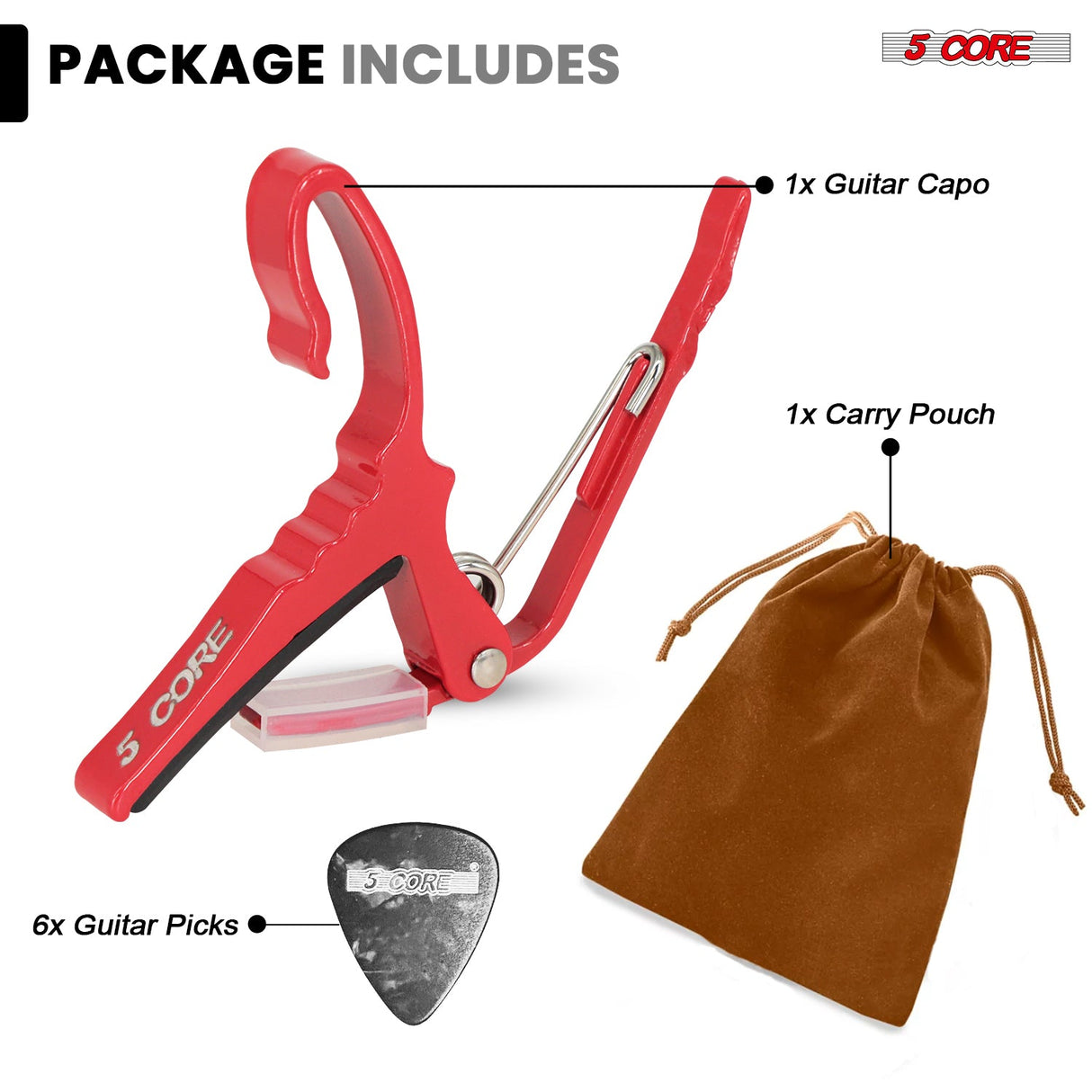 5Core Capo Aluminum Universal Guitar String Clip w Metal Spring + 6Pcs Guitar Picks + Carry Bag