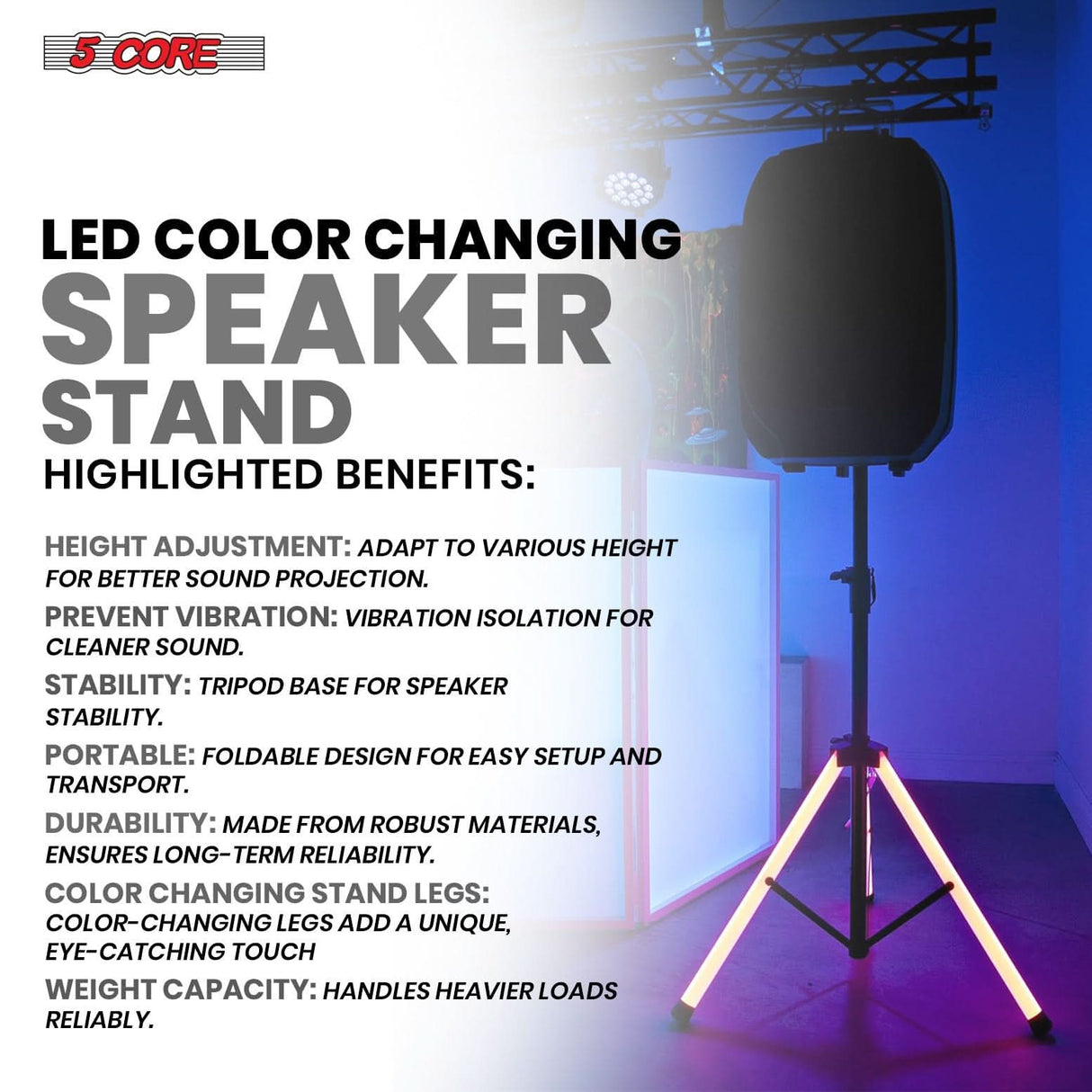 5 Core Speaker Stand Tripod Floor with RGB LED Lights Heavy Duty Adjustable Up to 72 Inch