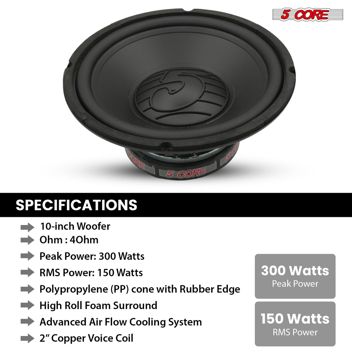 5 Core 10" Subwoofer Pair 300W Car Woofer 4 Ohm Replacement Deep Bass Sub Loud Speaker for Vehicle