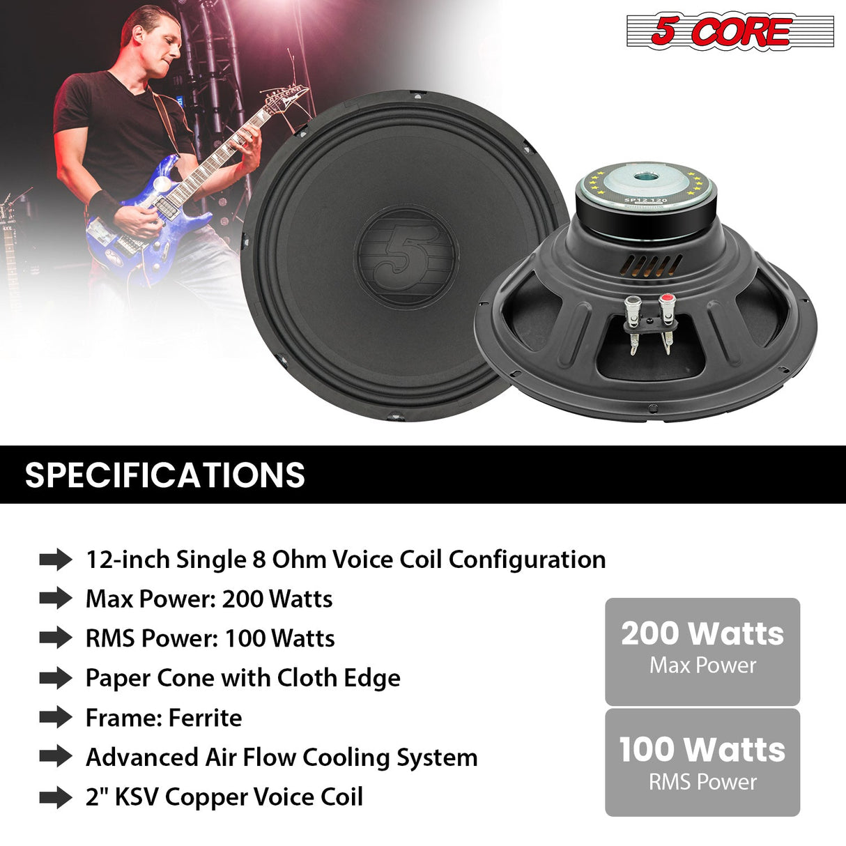 5 Core 12 Inch Guitar Speaker 200W 8 Ohm Amp Cabinet Replacement Amplifier Woofer