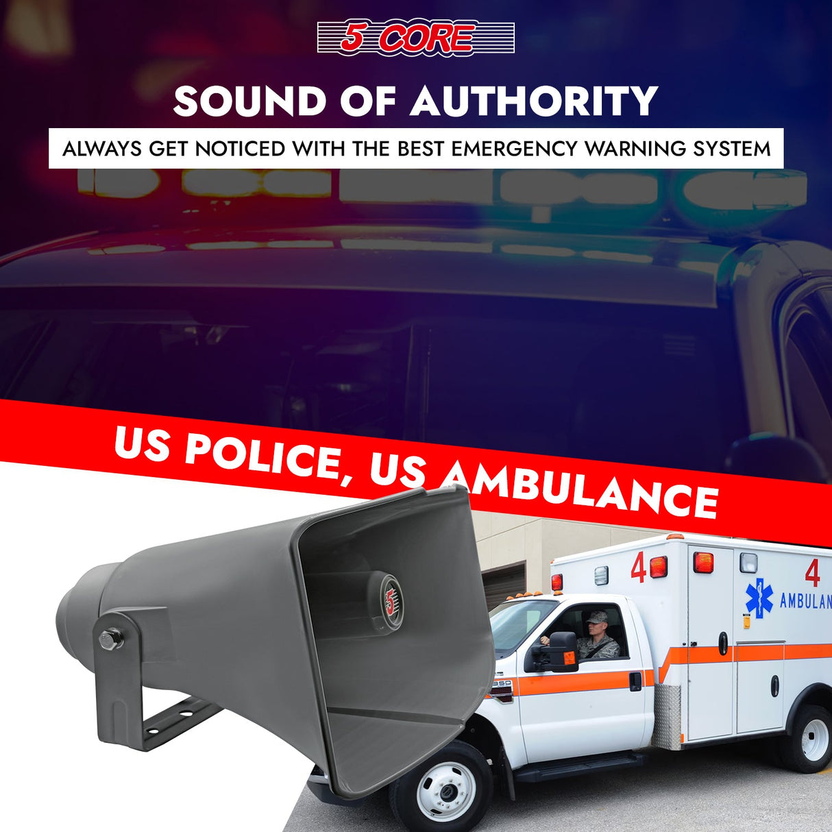 5 Core PA Horn Speaker Outdoor 8x16" Siren Loudspeaker 40W RMS Loud Megaphone Driver Horn