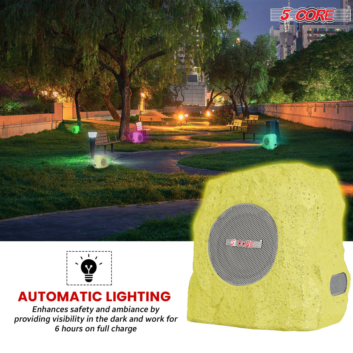 5 Core Rock Speaker Outdoor Waterproof Bluetooth Garden Speakers Solar & USB Charging RGB Colors for Patio Pool & Home