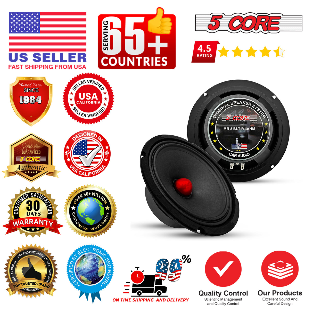 5 Core 8 Inch Midrange Speaker Pair 500W Aluminum Bullet 4 Ohm Pro Audio Slim Car Door Loudspeaker
