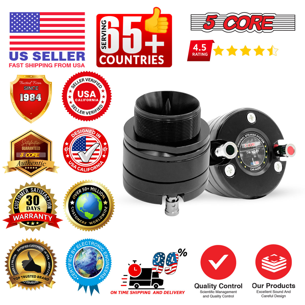 5Core Super Tweeter 2Pc 1" Car Audio Speaker 60W Max Power 4 Ohm Titanium Diaphragm Neodymium Magnet