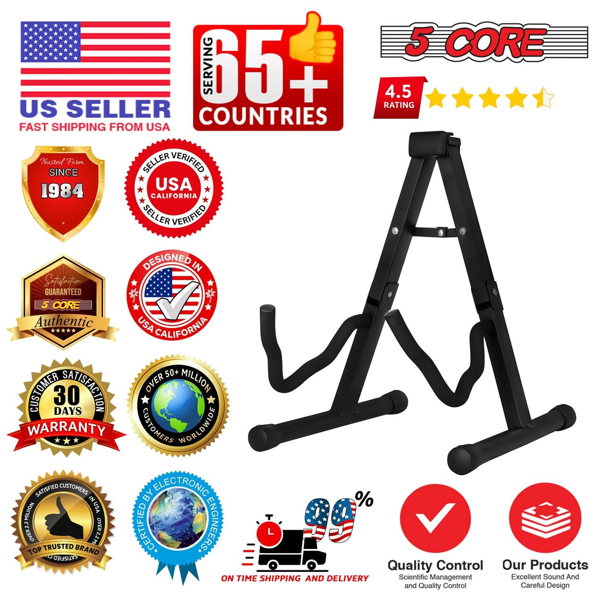 5 Core Guitar Stand A Frame Shape w Soft Foam Arm Non Slip Rubber for Acoustic Electric Bass Ukulele