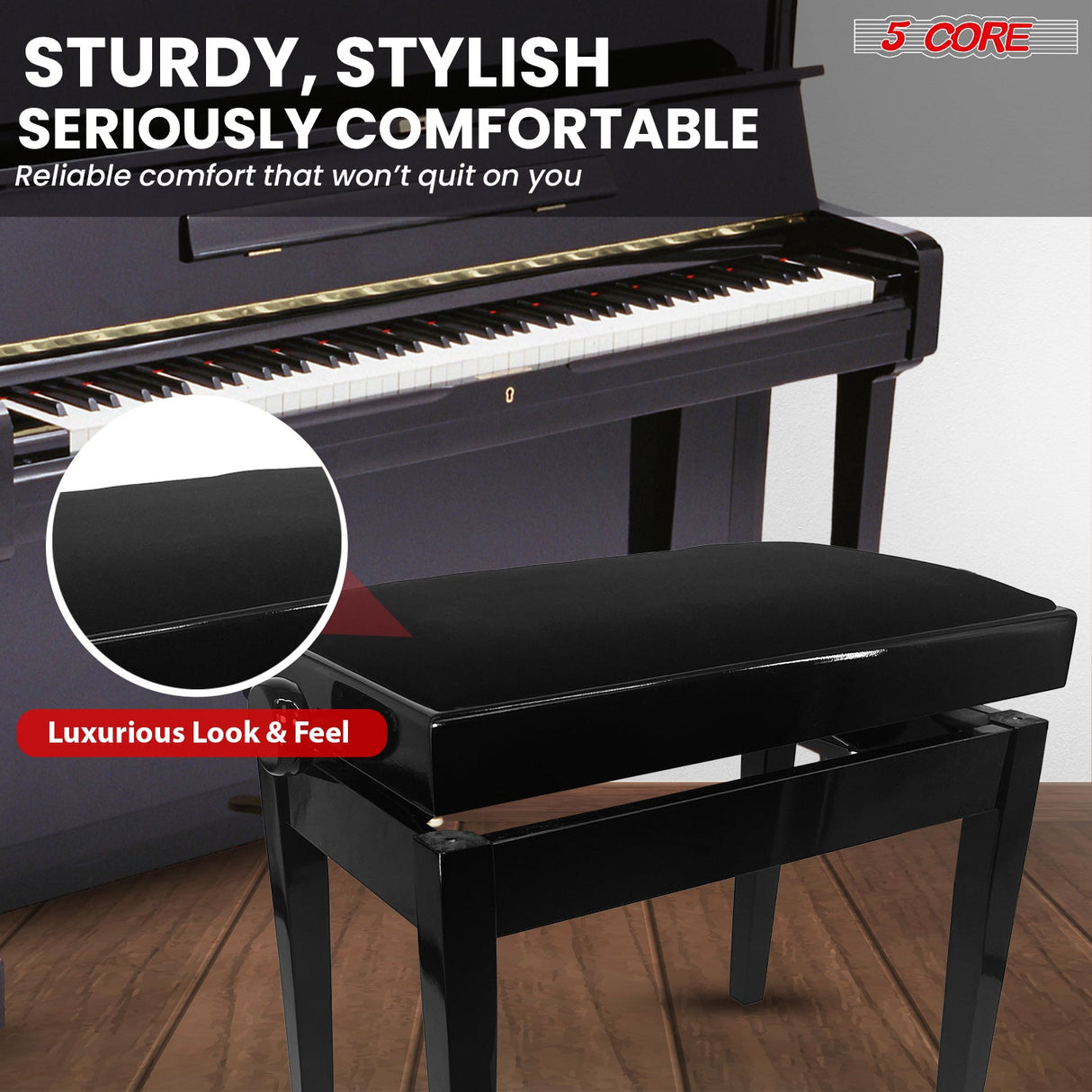5 Core Adjustable Piano Bench Thick 3.25" Solid Wood Keyboard Stool Heavy Duty Musician Chair