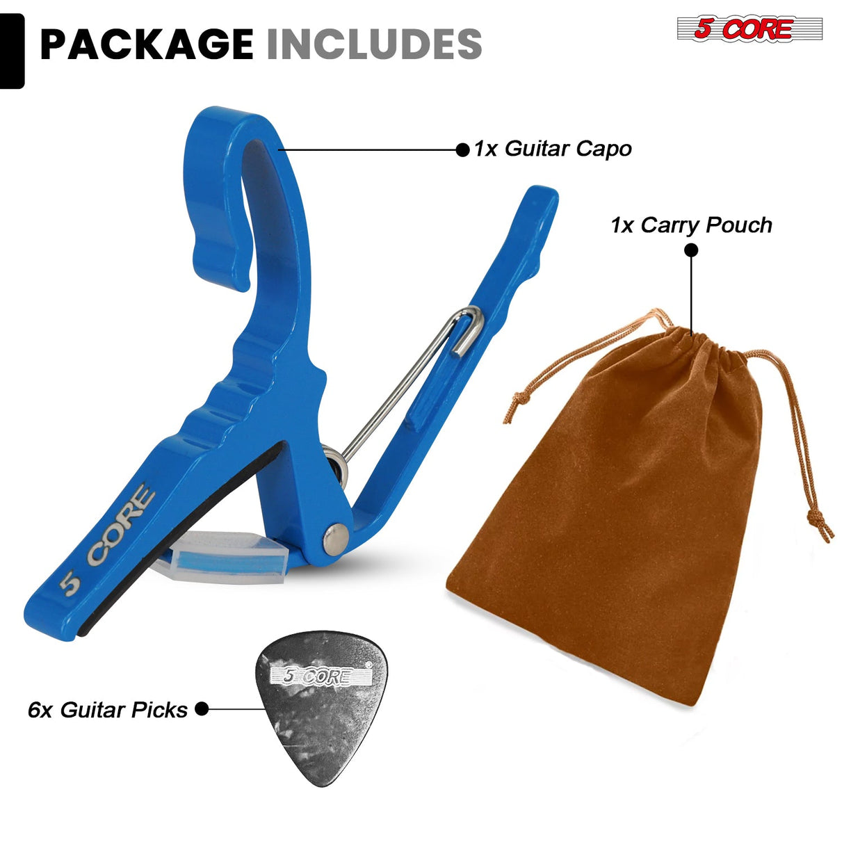 5Core Capo Aluminum Universal Guitar String Clip w Metal Spring + 6Pcs Guitar Picks + Carry Bag