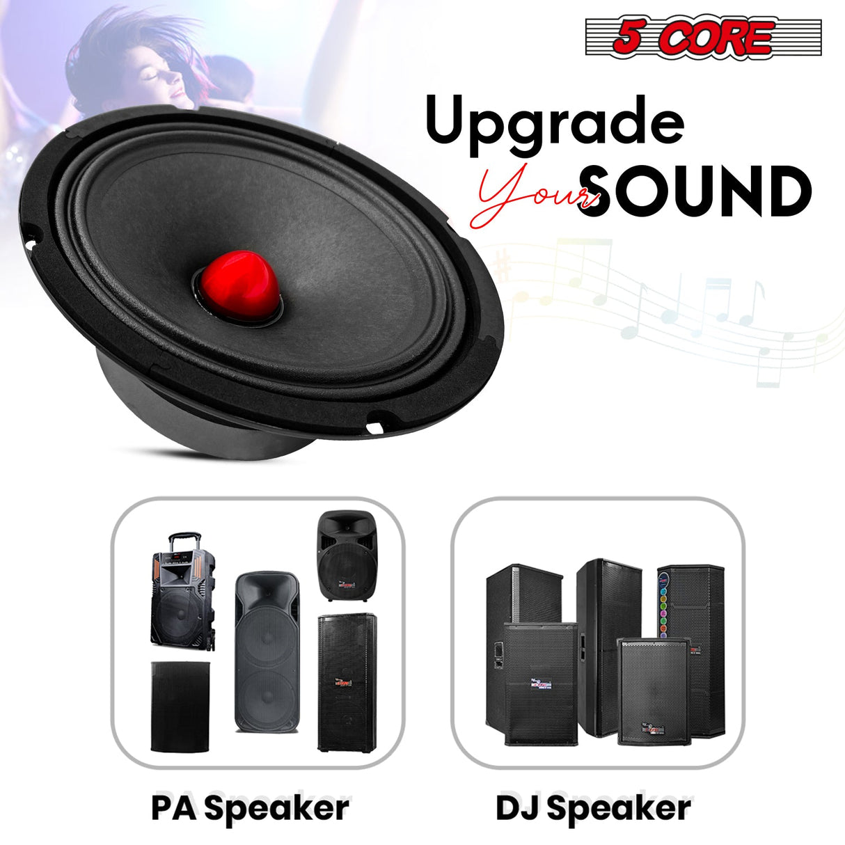 5Core 8 Inch Midrange Door Speaker 500W Subwoofer w Aluminum Bullet 8Ω Sub Woofer 1 PC