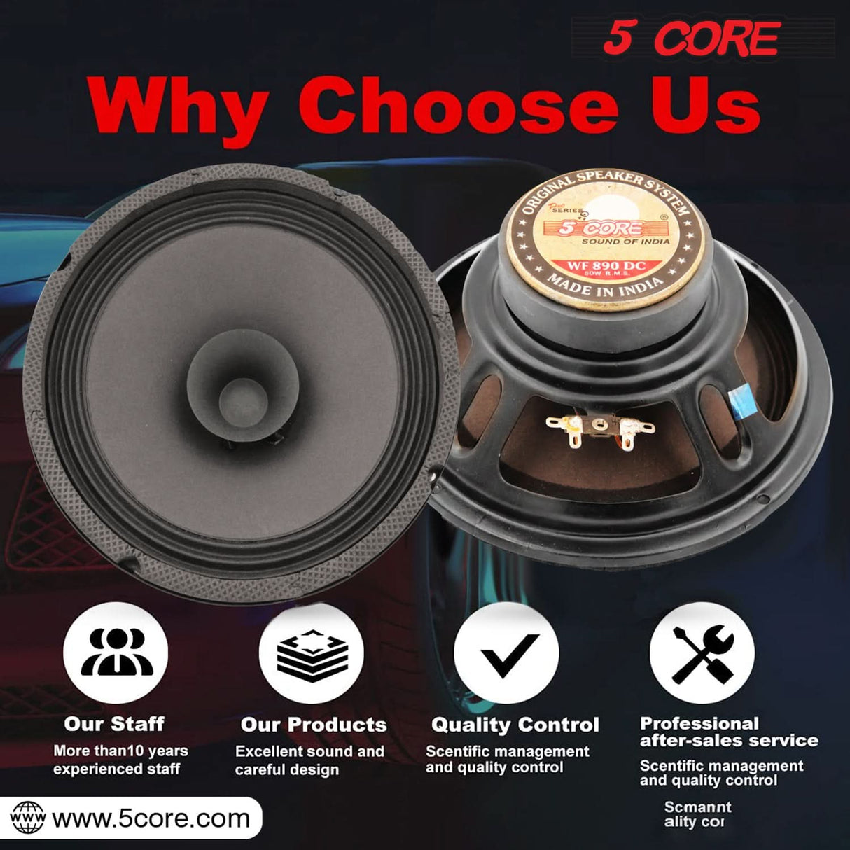 5 Core 8" Subwoofer 1000W Dual Cone Car Audio Sub Woofer 4 Ohm Deep Bass Replacement Loud Speaker