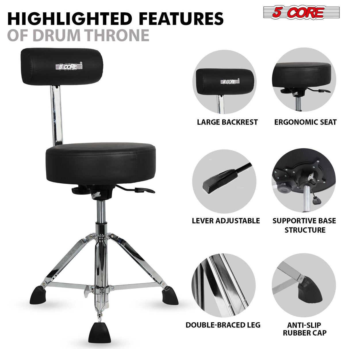 5 Core Drum Throne w Backrest 4" Padded Stool Airlift Adjustable 25.5" Drummer Chair 441Lb Capacity