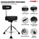 5 Core Drum Throne w Backrest 4" Padded Stool Airlift Adjustable 25.5" Drummer Chair 441Lb Capacity