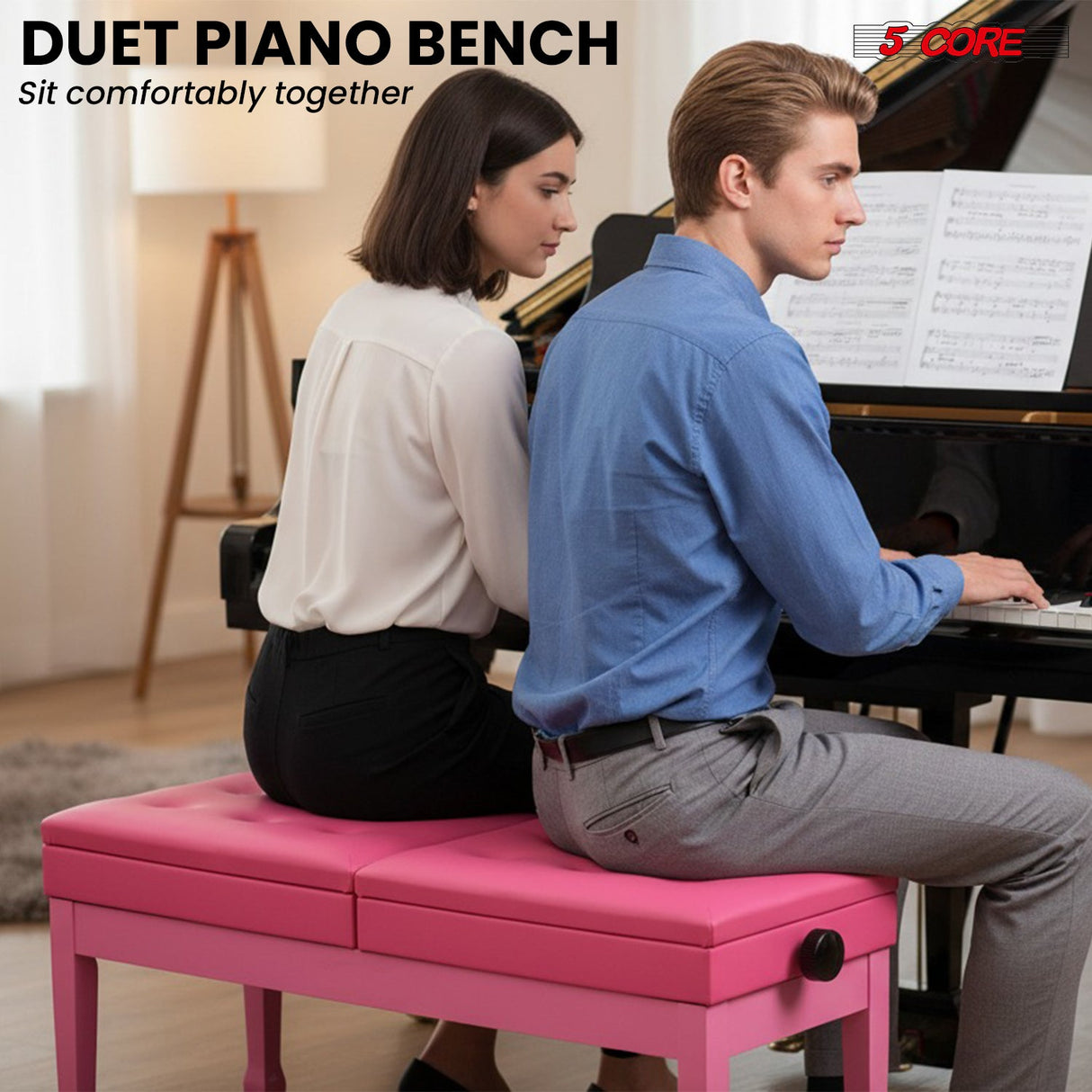 5 Core Duet Piano Bench 3.5 Inch Padded Cushioned Stool Wooden Heavy Duty Musician Chair w Storage