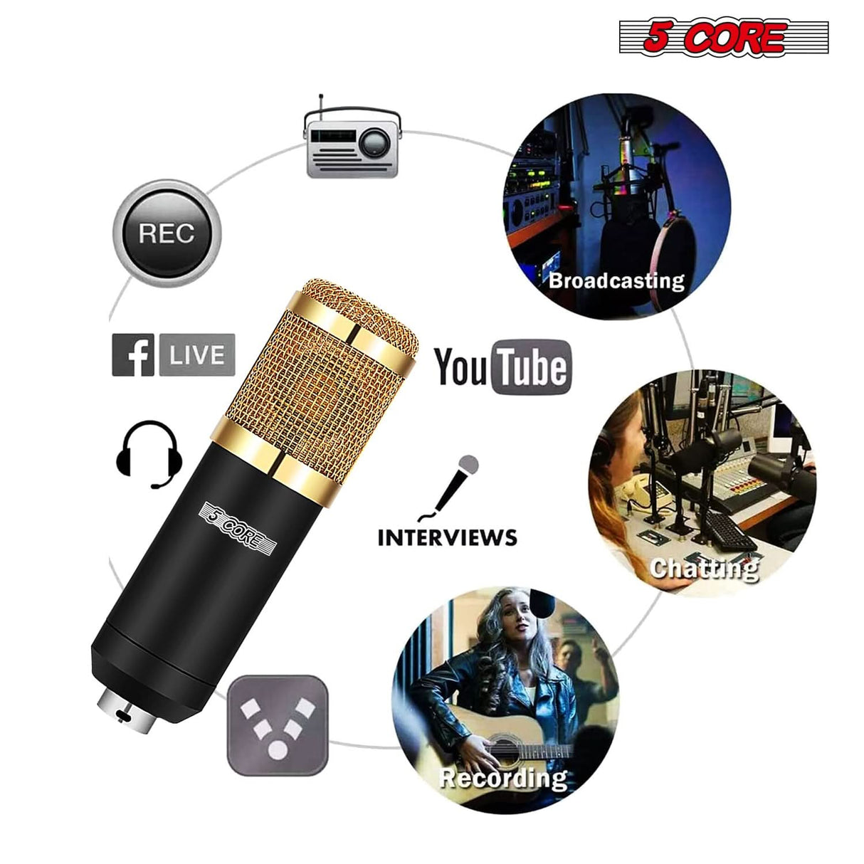 5Core condenser cardioid mic bundle for podcasting, with boom arm and microphone stand